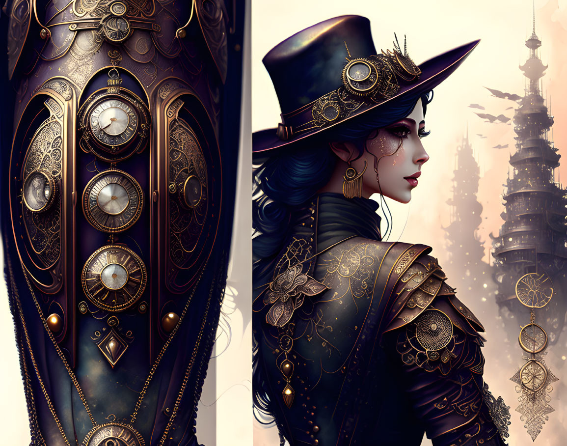 Steampunk-themed woman with gear designs and mechanical arm in industrial backdrop