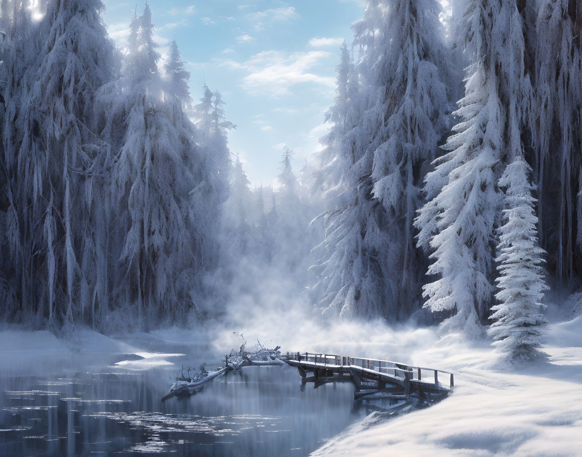 Snow-covered trees and wooden bridge in serene winter setting