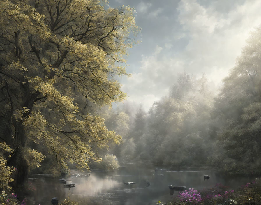 Tranquil forest river with misty atmosphere and golden foliage