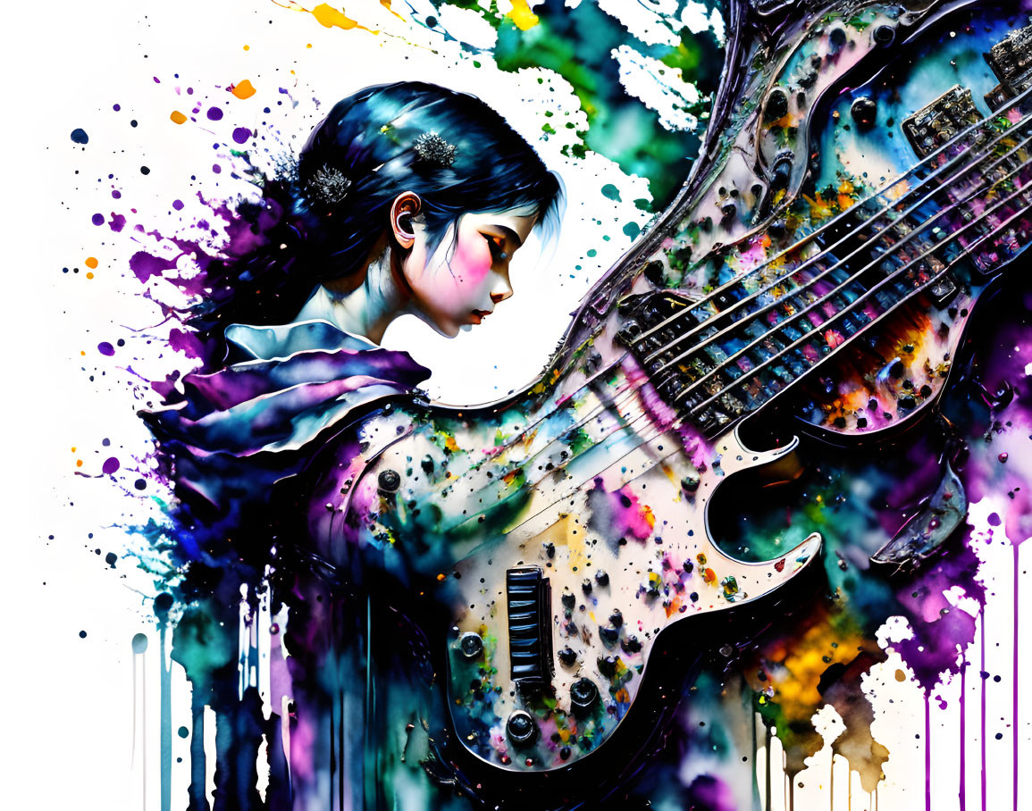 Colorful Artwork: Contemplative Person with Electric Guitar