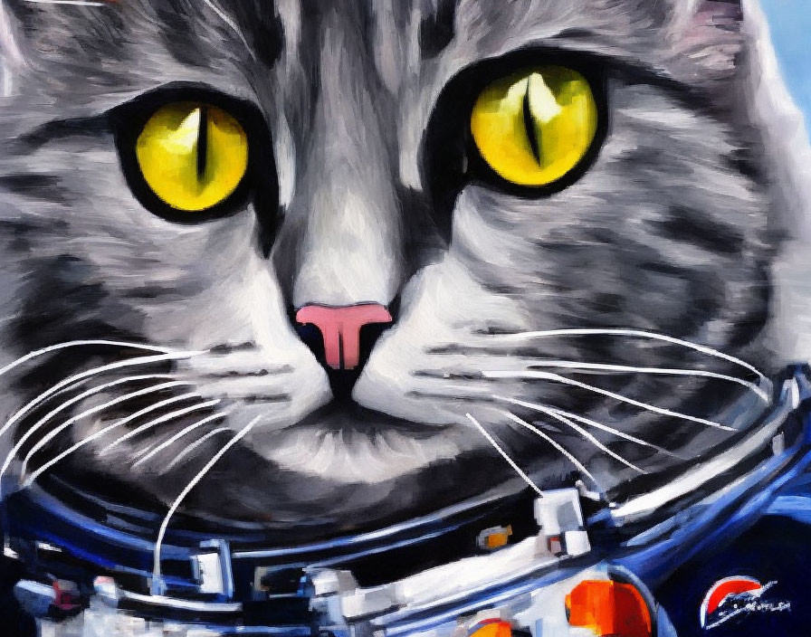 Detailed painting of gray cat with yellow eyes in blue space helmet