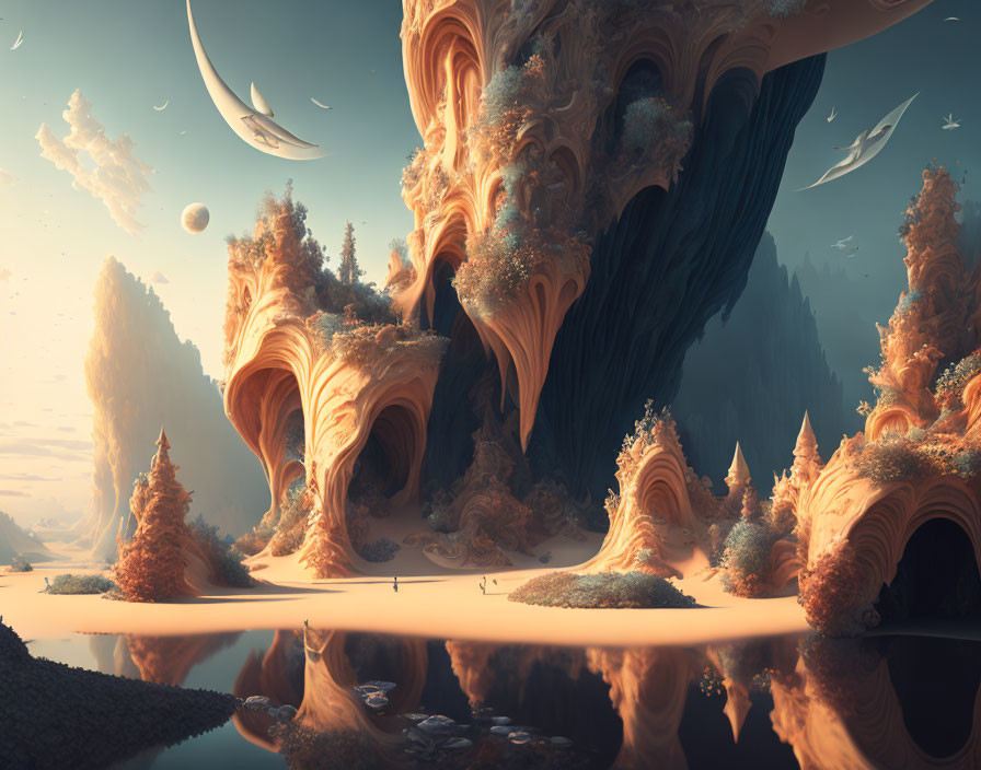 Surreal landscape with organic structures, foliage, water body, and multiple moons