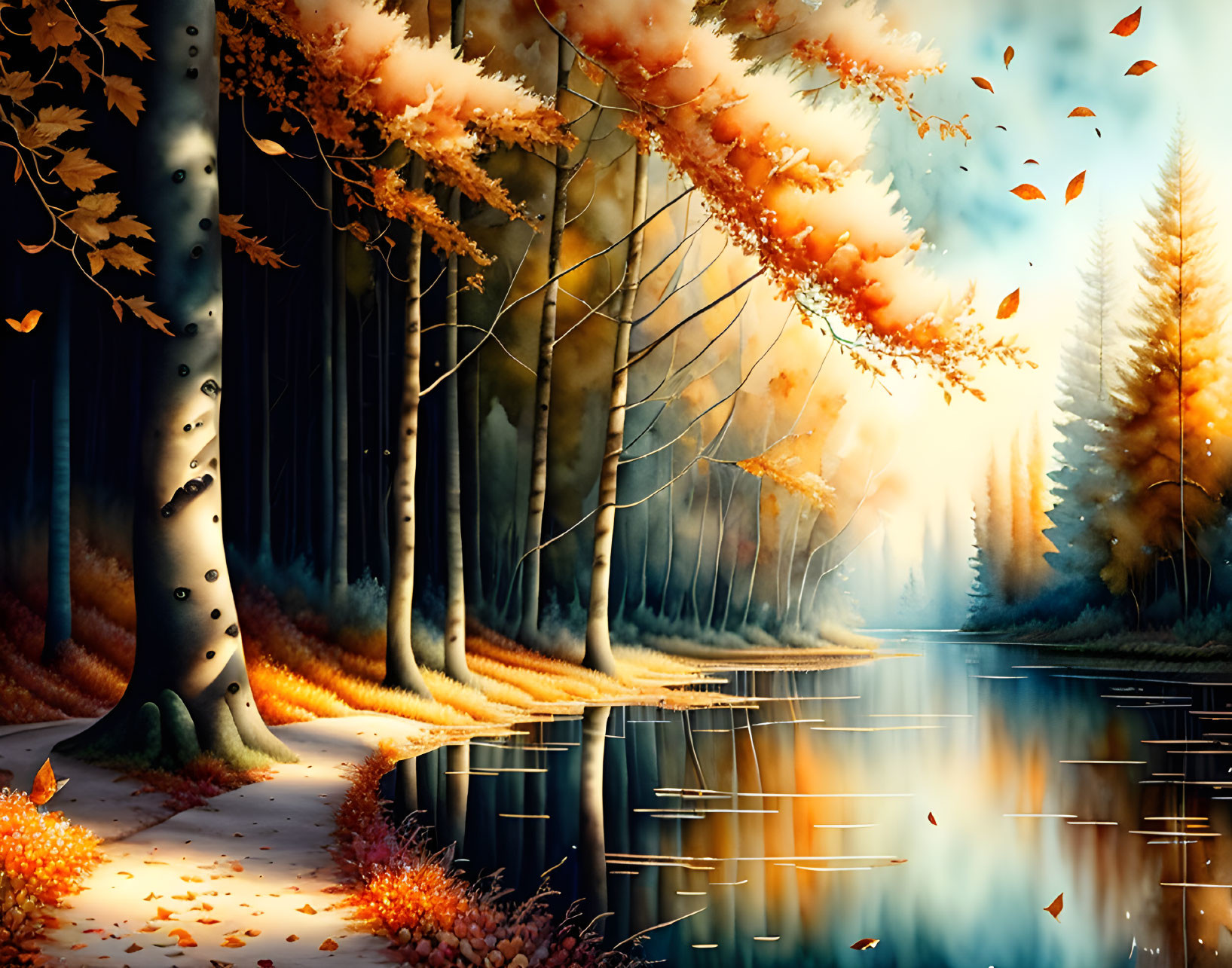 Tranquil Autumn River Landscape with Trees and Fallen Leaves