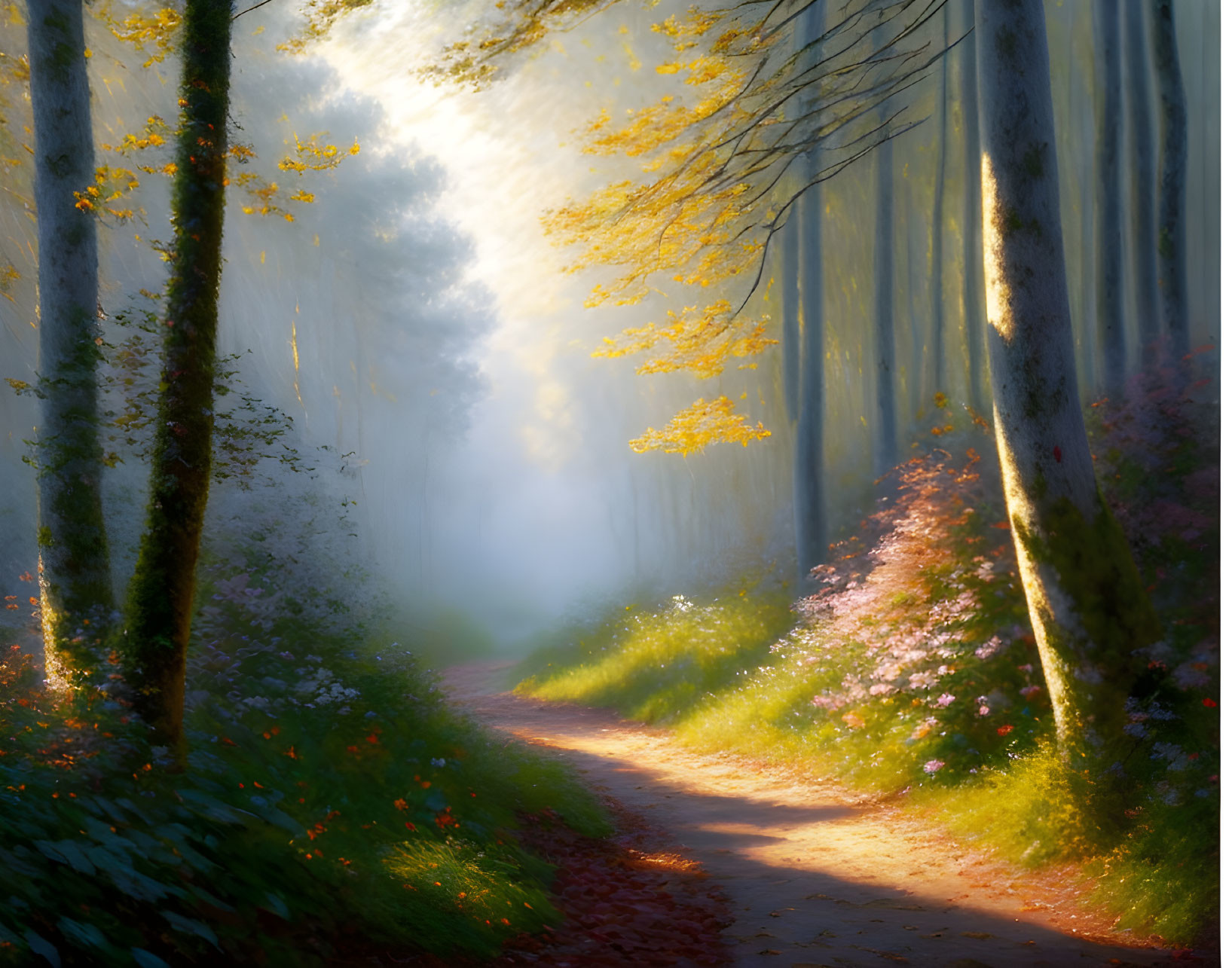 Tranquil Forest Path with Sunlit Trees and Autumn Leaves