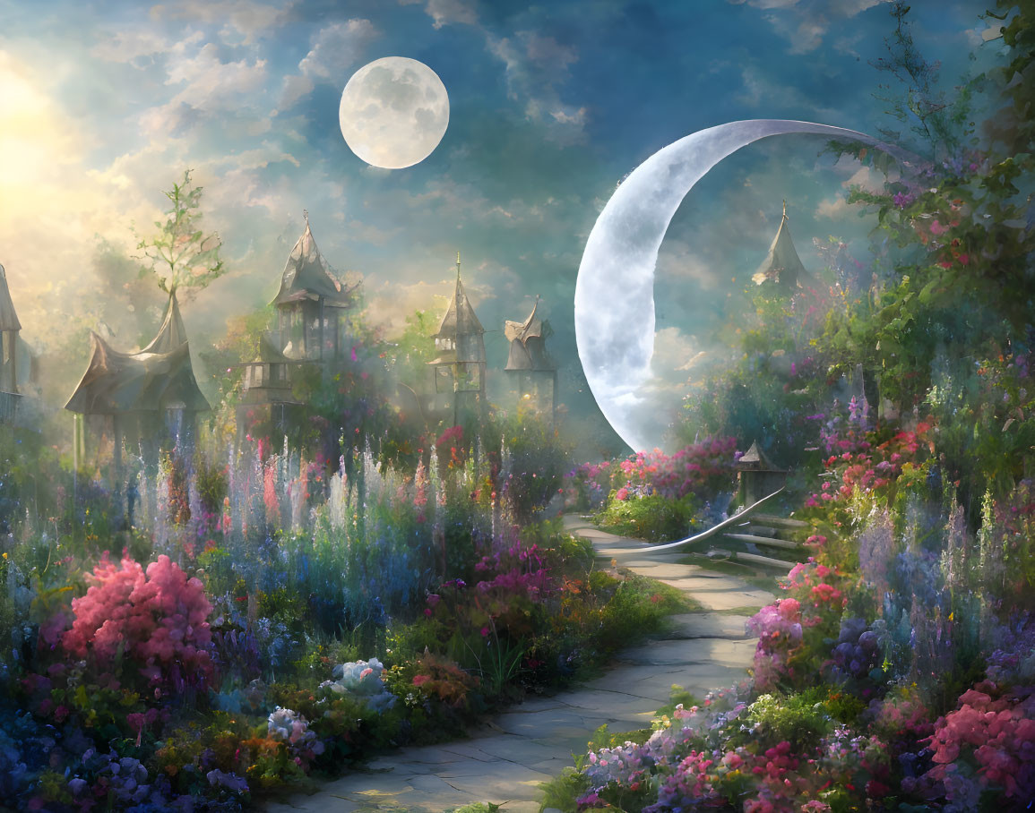 Colorful Flowers and Crescent Moon in Fantasy Garden