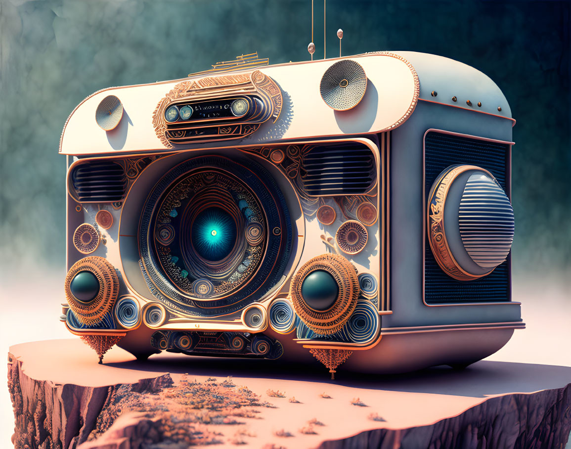 Intricate Steampunk-Inspired Speaker with Central Lens