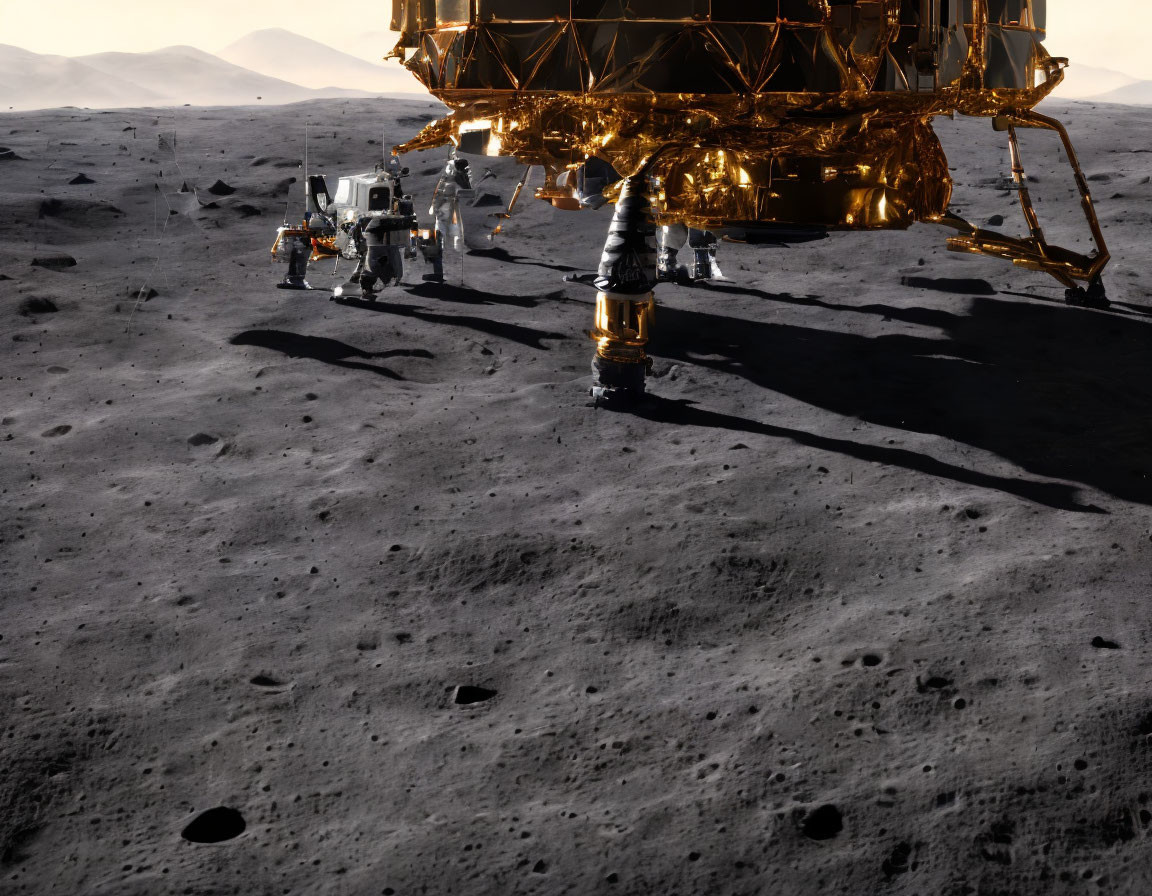 Astronauts and lunar lander on rocky moon surface