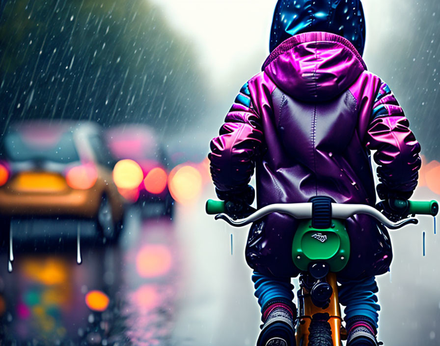 Person in purple jacket rides bicycle on rainy street with blurred vehicle lights