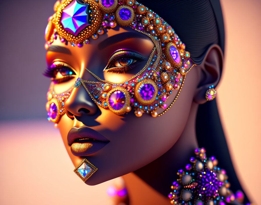 Vibrant digital artwork of a woman with ornate jewel-encrusted makeup