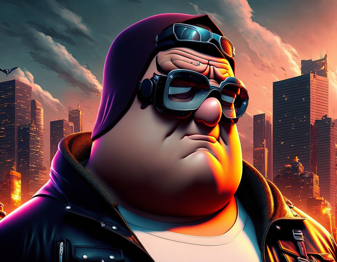 Stylized animated character with goggles in purple hoodie against sunset cityscape