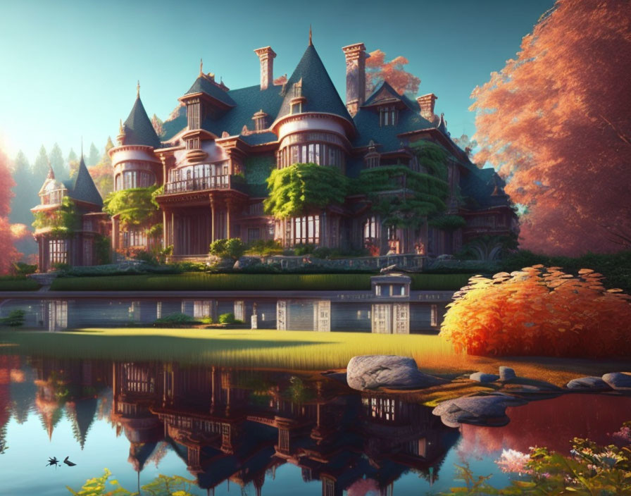 Victorian mansion with autumn trees reflected in tranquil pond