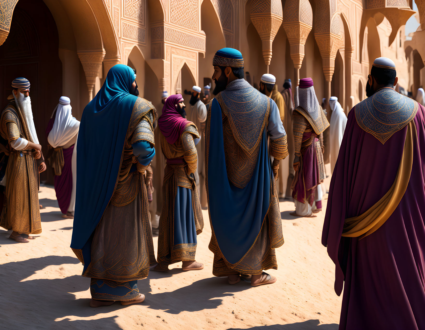 Traditional Middle Eastern Attire Gathering in Ornate Courtyard