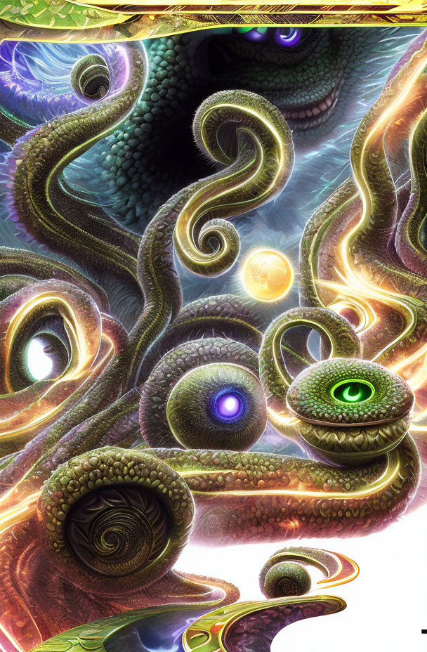 Colorful digital artwork: Intertwining tentacles with eye patterns on radiant background