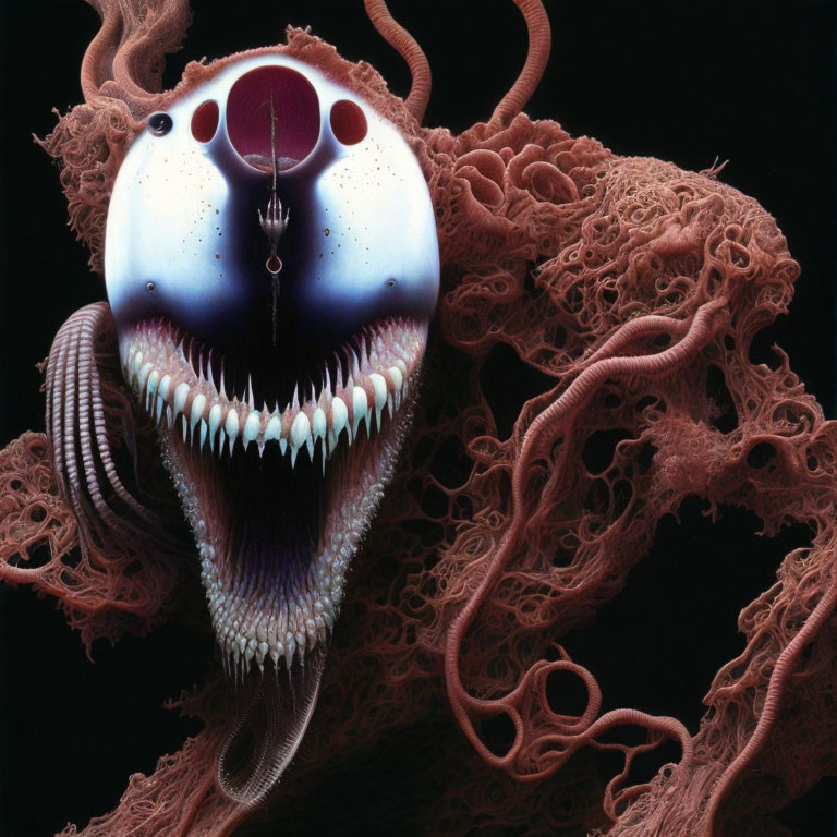 Surreal creature with large head and tentacles on black background