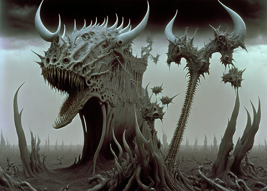 Menacing dark fantasy landscape with monstrous creature