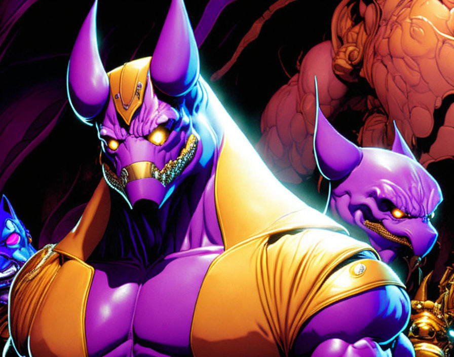 Colorful Illustration of Purple Muscular Character with Golden Helmet