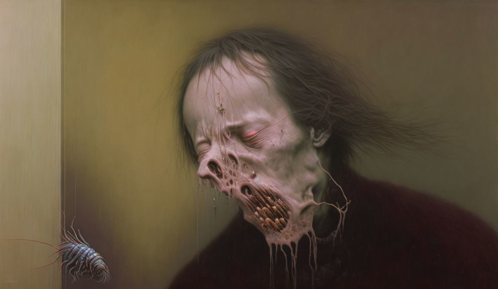 Hyperrealistic painting of person with melting face and bug on left - eerie vibes!