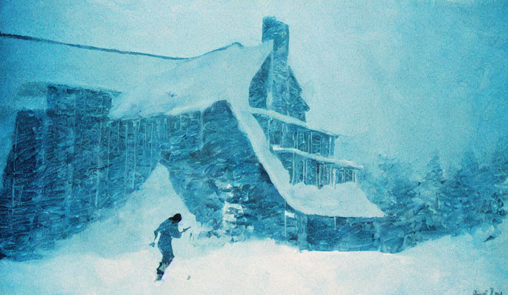 Person walking in heavy snowstorm towards snow-covered building