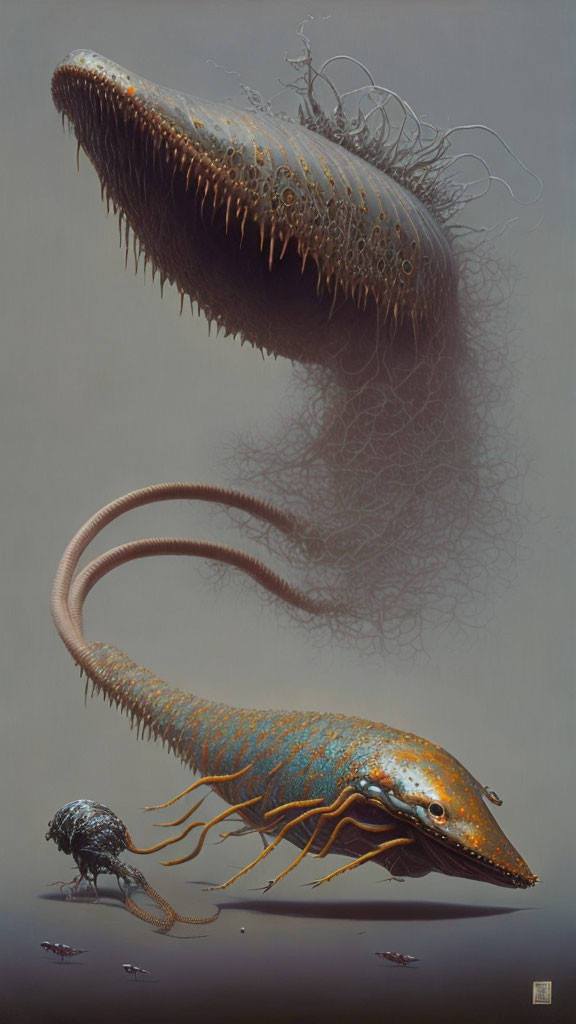 Fantastical surreal painting of floating eel-like creature with tentacles