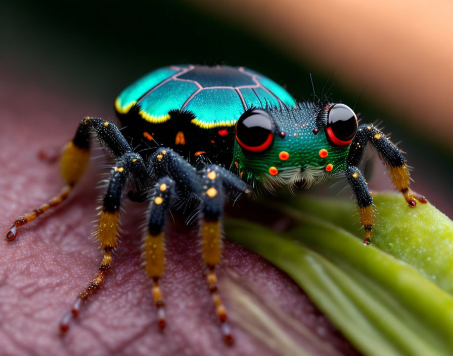 Colorful jumping spider with green and blue hues, red and white dots, on a leaf.