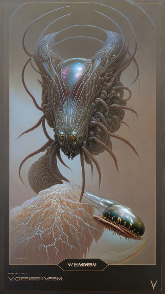 Futuristic alien creature with extended tentacles and metallic sphere