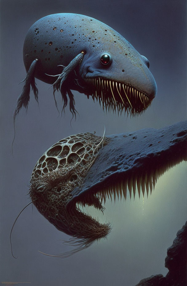 Surreal artwork: Two alien creatures with blue skin, sharp teeth, and intricate textures interacting.