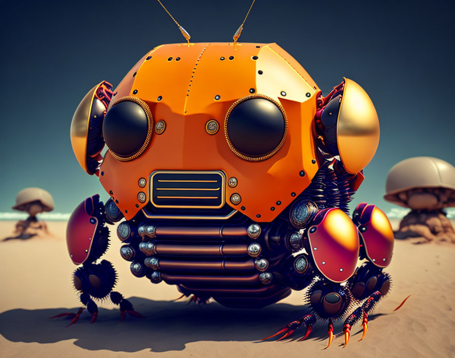 Orange spherical body, dark glass viewport, red-jointed legs: futuristic robotic spider in desert