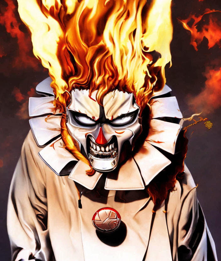 Menacing character with flaming head and metallic clown mask illustration