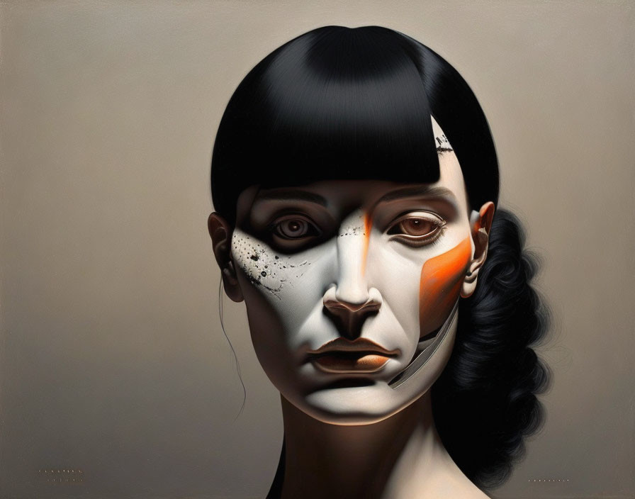 Split-Face Surreal Portrait of Woman: Human and Robotic Elements