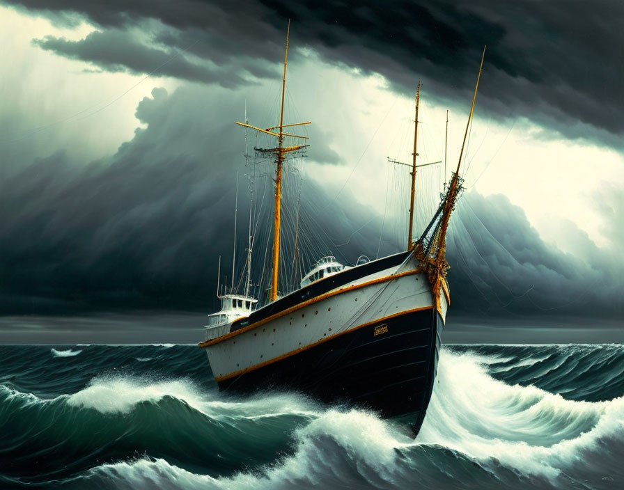 Stormy sky over ship battling turbulent sea waves