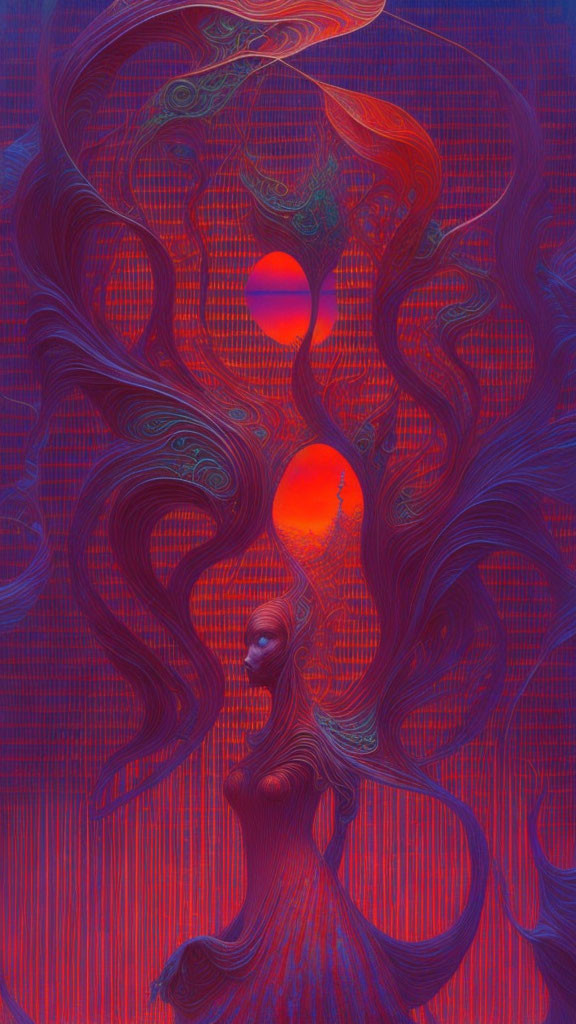 Surreal Artwork: Swirling Red and Blue Patterns with Humanoid Figure and Sun-like Or