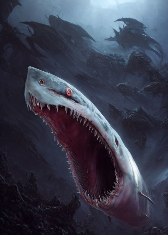 Menacing prehistoric shark-like creature with sharp teeth and red eyes in dark ocean depths.