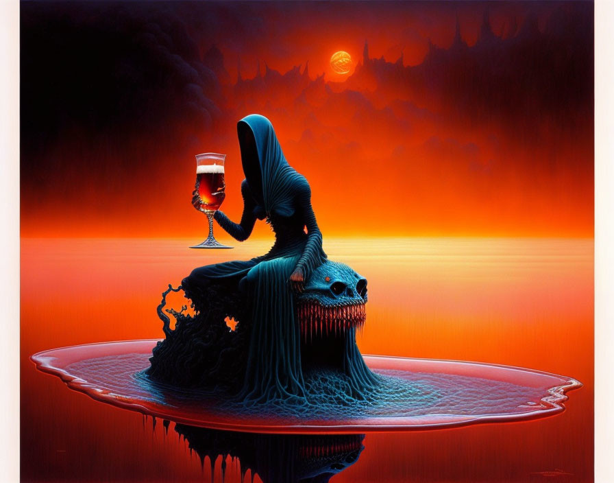 Surreal artwork: cloaked figure with glass on dragon, sunset backdrop