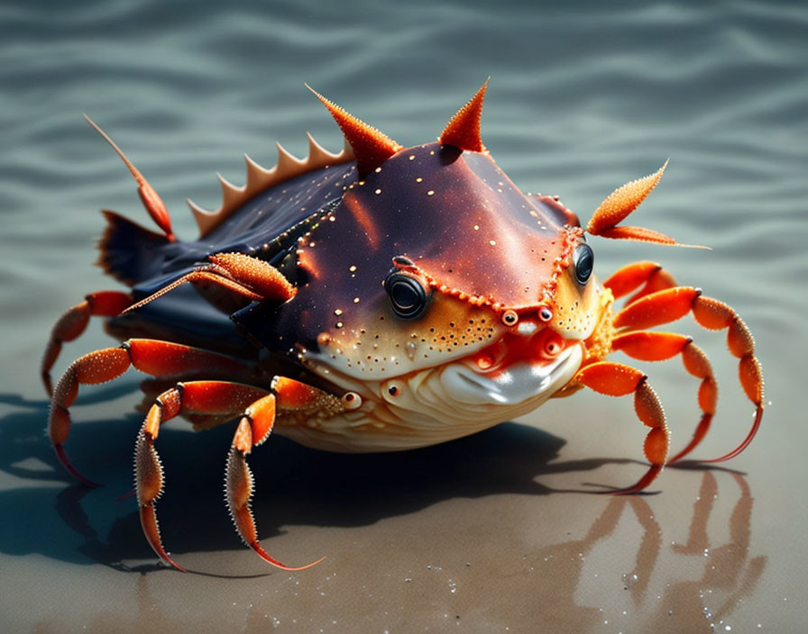 Vibrant crab with spikes and big eyes in water.