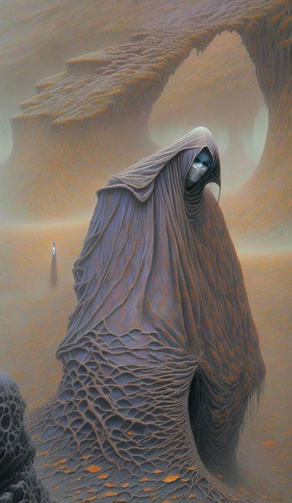 Cloaked Figure with Reflective Face Mask in Surreal Sandy Landscape