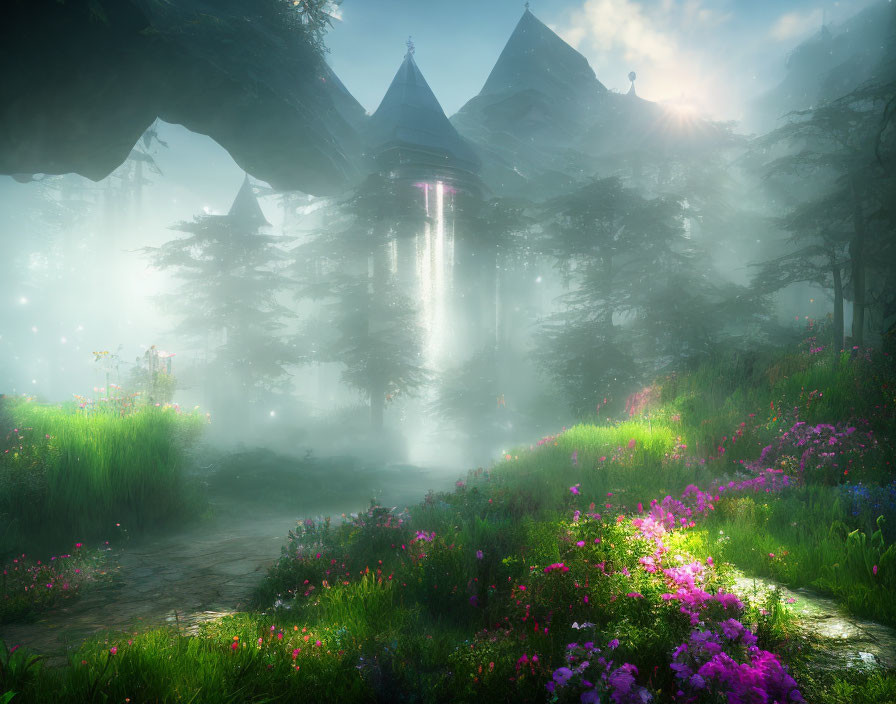 Mystical forest with lush greenery, flowers, sunlight, waterfall, and castle.