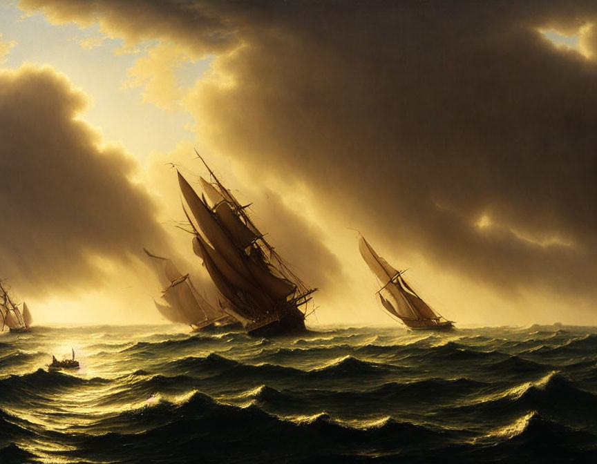 Sailing ships in rough seas under dramatic stormy sky