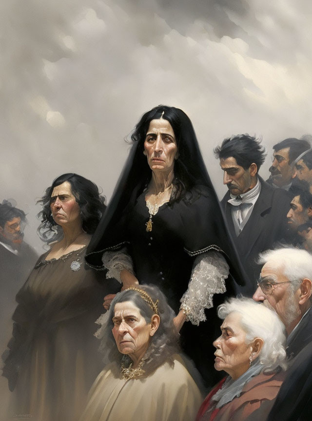 Group portrait with elegantly dressed woman in mourning attire surrounded by somber-faced individuals under cloudy sky.