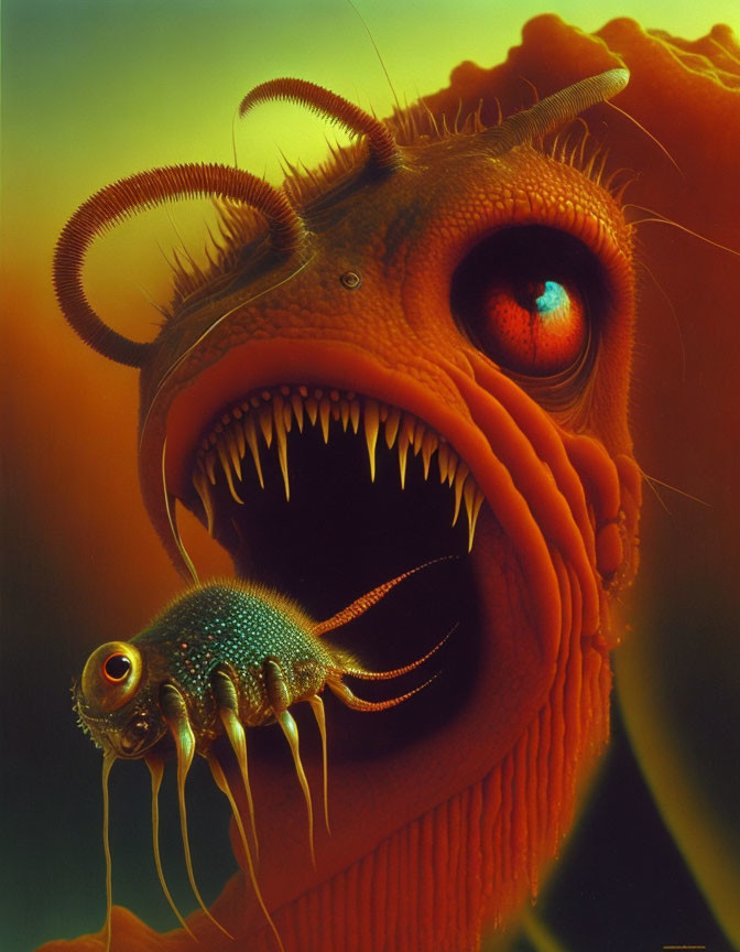 Colorful Surreal Painting: Imaginative Creature with Large Mouth and Sharp Teeth