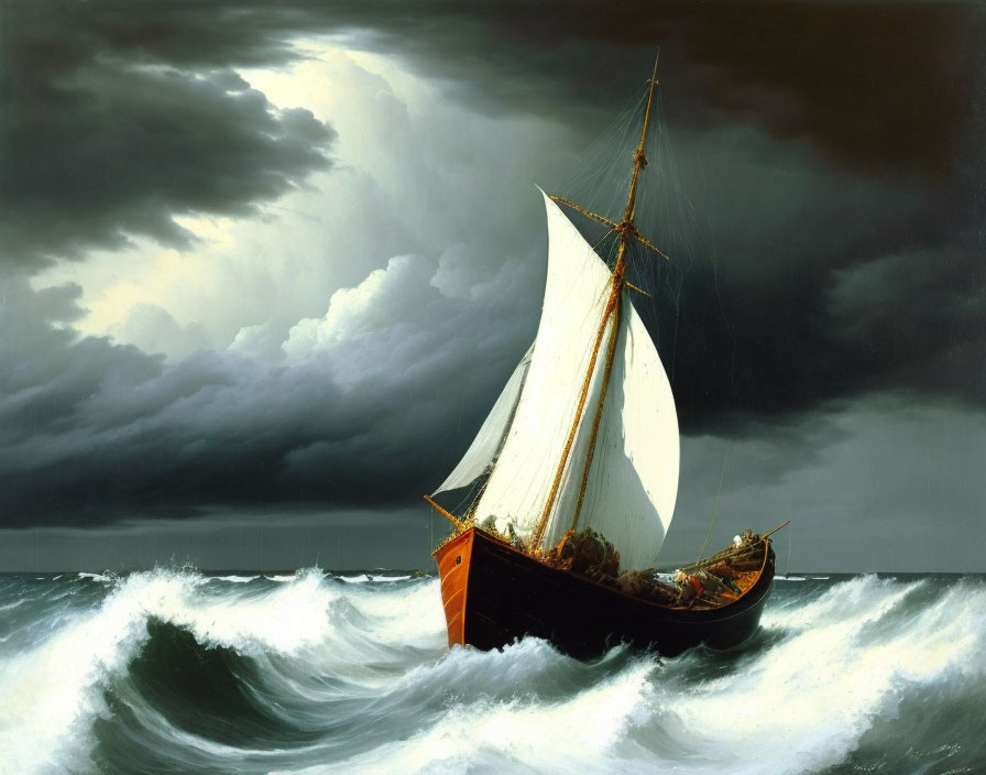 White sailboat braves stormy sea under dramatic sky