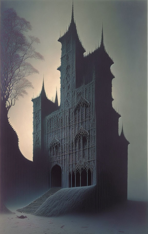 Gothic cathedral in mist with grand staircase and intricate architecture