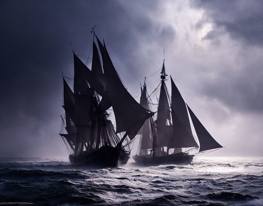 Tall Ships Sailing in Turbulent Seas Under Stormy Sky