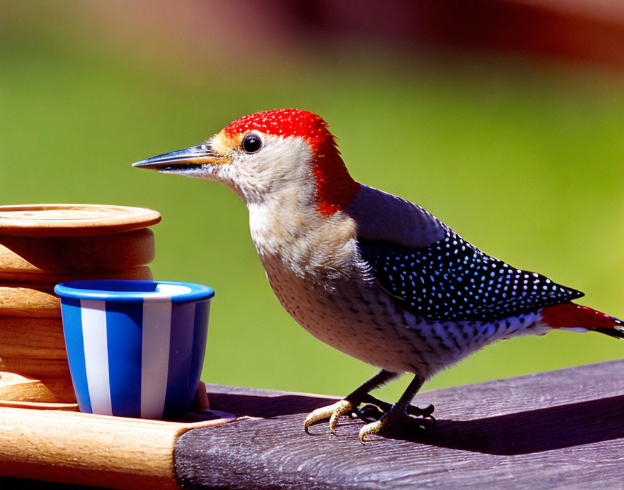 Red-headed woodpecker on wooden surface with blue and white cup in lush green background