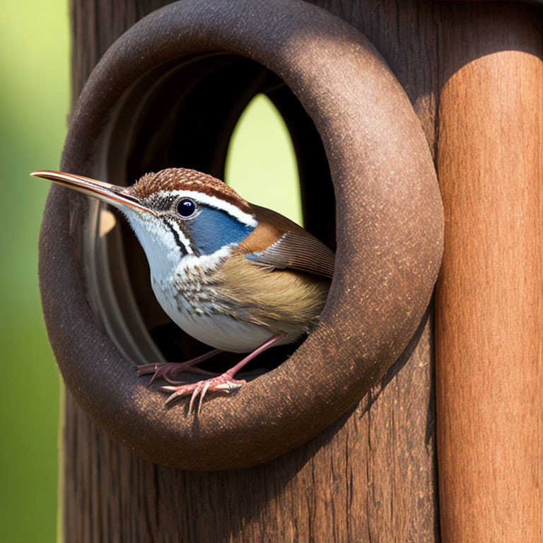 Bird peering from circular opening of brown birdhouse on wooden post with green background