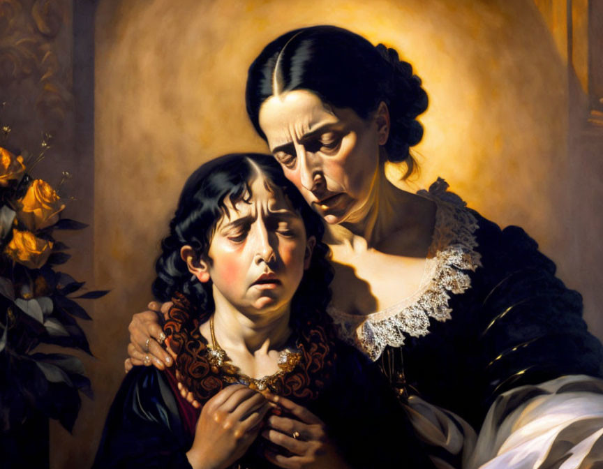 Classic Painting: Sorrowful Young Girl Embraced by Concerned Older Woman