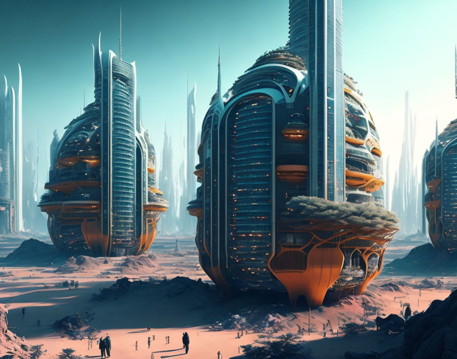 Advanced desert cityscape with towering futuristic buildings and people navigating sandy terrain