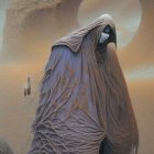 Cloaked Figure with Reflective Face Mask in Surreal Sandy Landscape