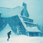 Person walking in heavy snowstorm towards snow-covered building