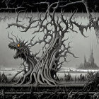 Menacing dark fantasy landscape with monstrous creature