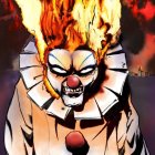 Menacing character with flaming head and metallic clown mask illustration